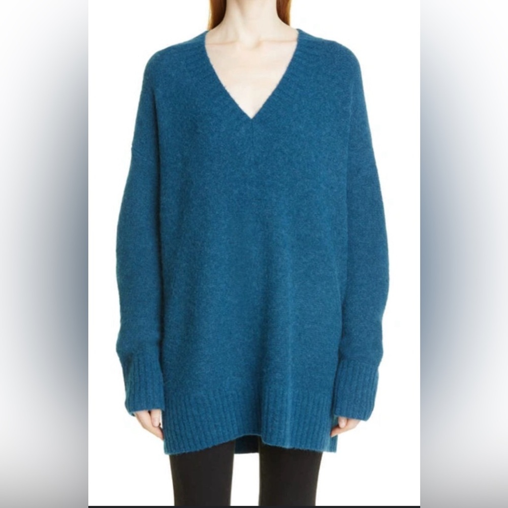 Nordstrom Cozy Oversized V-Neck Alpaca Cashmere Blend Blue Sweater Small NWT